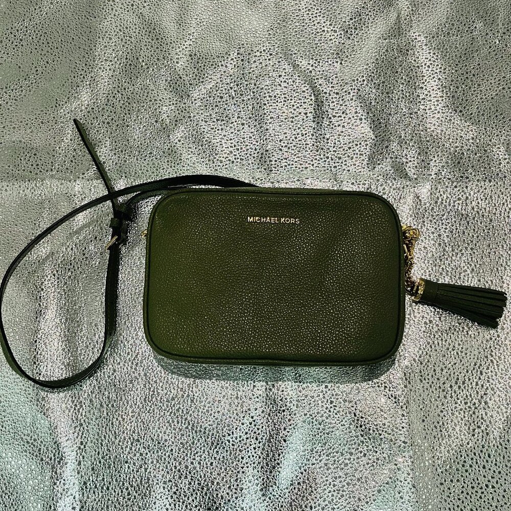 Michael Kors Ginny Crossbody Bag Green Women's Pebbled Leather Chain Strap